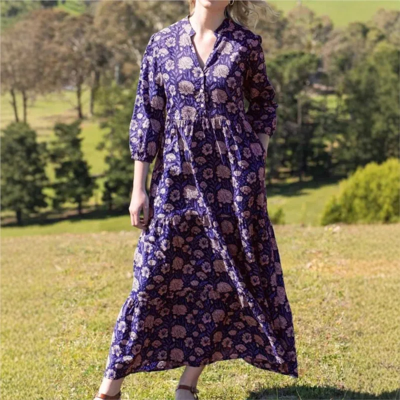 Boho Women's Casual Dress Autumn Spring New Vintage Printed V-neck Three-quarter Sleeve Loose A-line Dresses For Women Vestidos