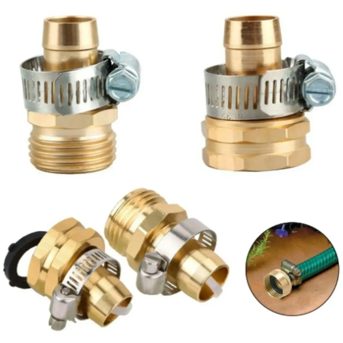Winter Essential 2 Pack Brass Garden Hose Connector Repair Mender Kit with Stainless Clamp, Fits 3/4