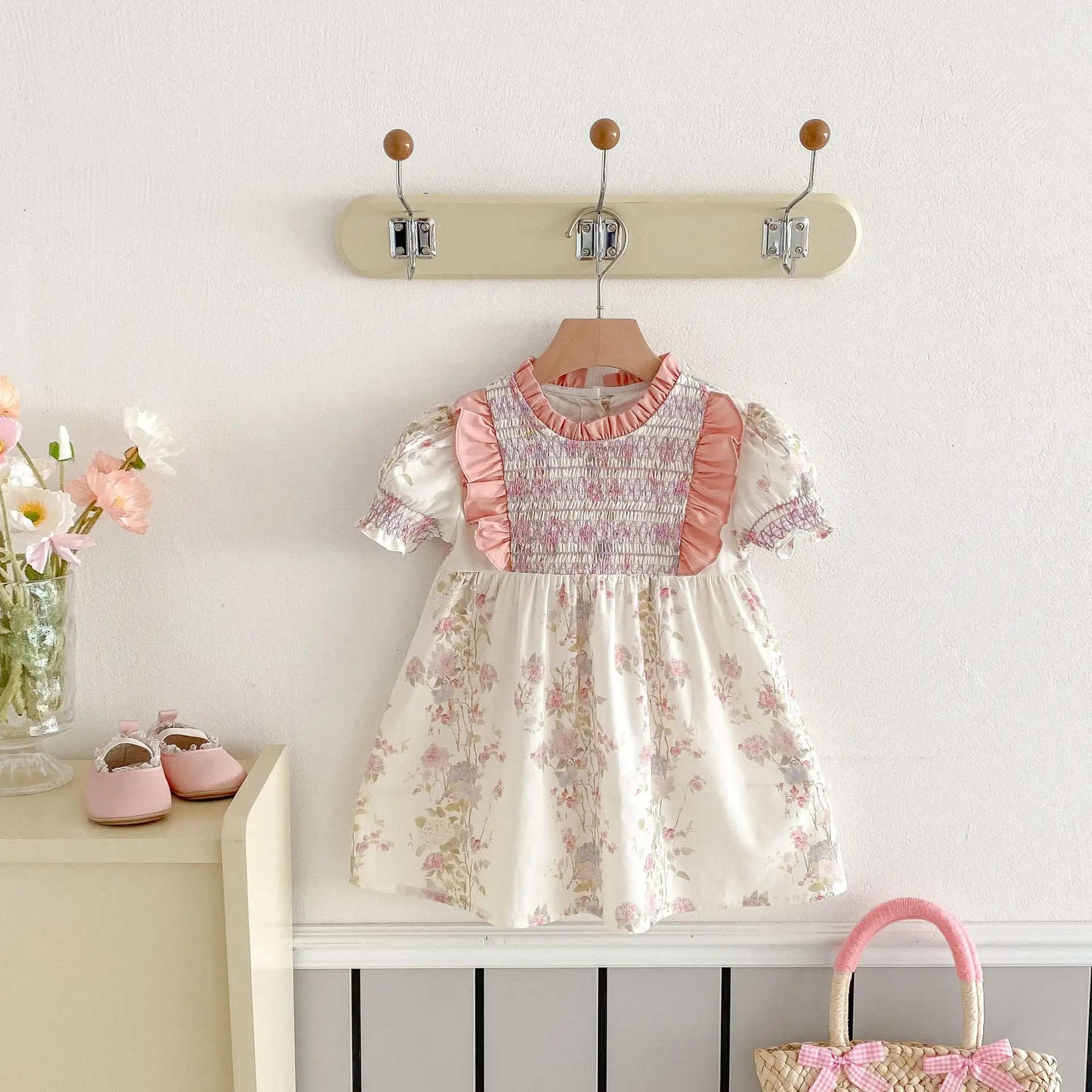 

2025 Summer New Baby Girls Short Sleeve Lace Collar Vintage Dress Children Flower Print Sweet Princess Dress Cotton Kids Clothes