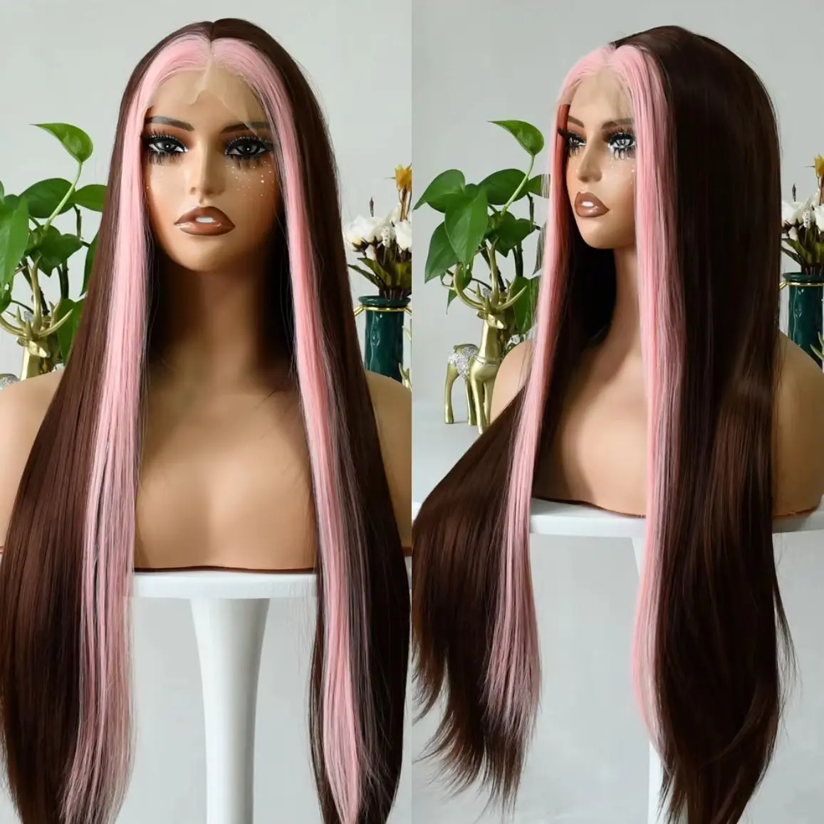 Marrom destaque rosa peruca frontal de renda reta 13x4 hd preplucked resistente ao calor natural fibra cabelo cosplay para mulher