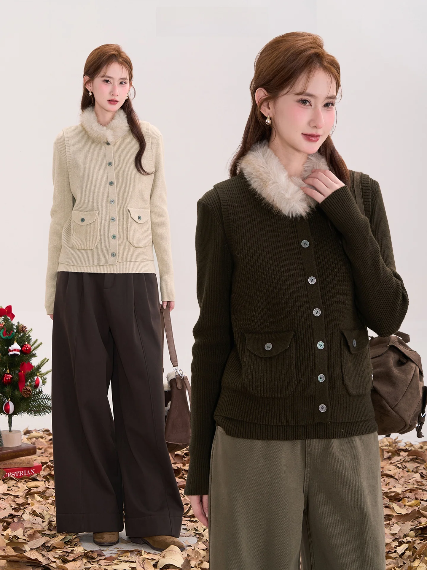 

Heme Knitted Vest Women's Winter Thiened Long Sve Casual Sle Two-Piece Set with Fur Collar Base irt Slimming Top