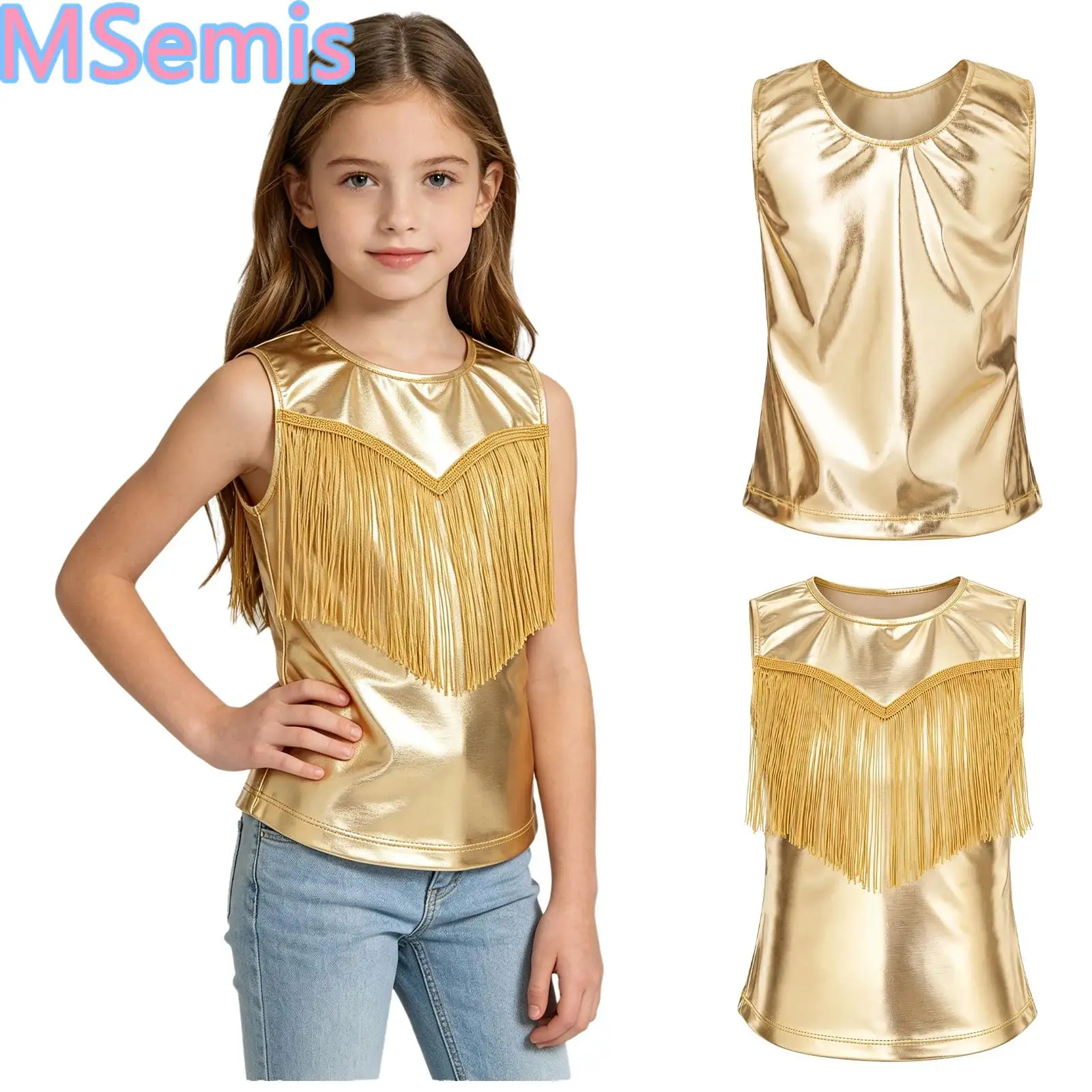 Kids Girls Tassel Metallic Vest Disco Jazz Tango Dance Costume Round Neck Sleeveless Fringe Tank Top for Party Stage Performance