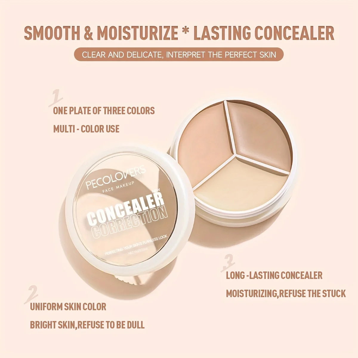 3 Color Concealer Cream Full Coverage Natural Makeup Effect with Brightening and Contouring