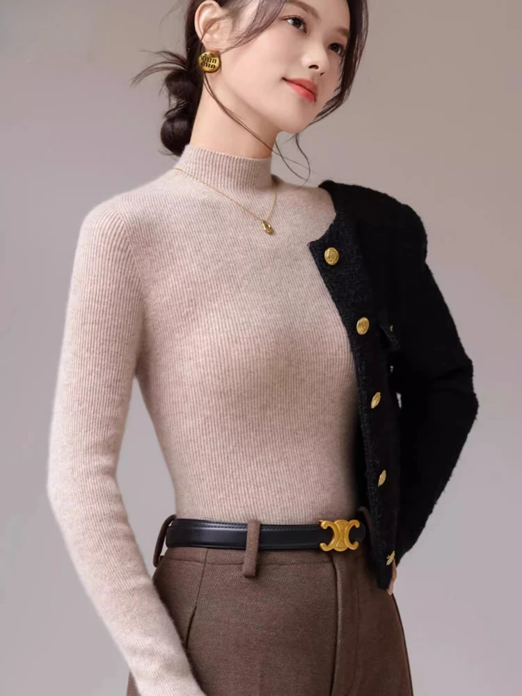 2025 الخريف الشتاء سترة الكشمير المعنقة المرأة عادية الصلبة محبوك القمم التخسيس الياقة المدورة البلوز الأساسية قاعدة كنزة صوف