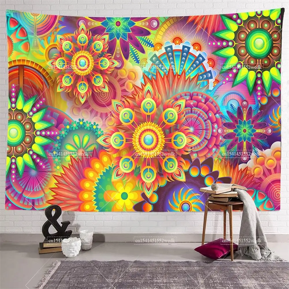 Tapisserie murale Boho à lumière noire, Mandala coloré, Floral, tenture murale, esthétique réactive aux UV, brille dans la nuit, arrière-plan de fête