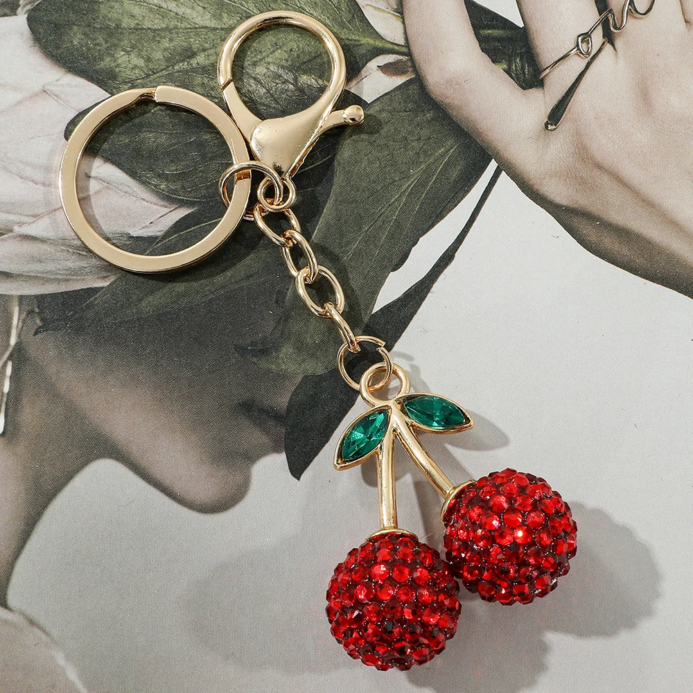 الكرز الفاكهة المفاتيح لطيف محاكاة سبائك الفاكهة مع حجر الراين مفتاح سلسلة السيدات أكياس السيارات المعلقات مجوهرات الزينة #5