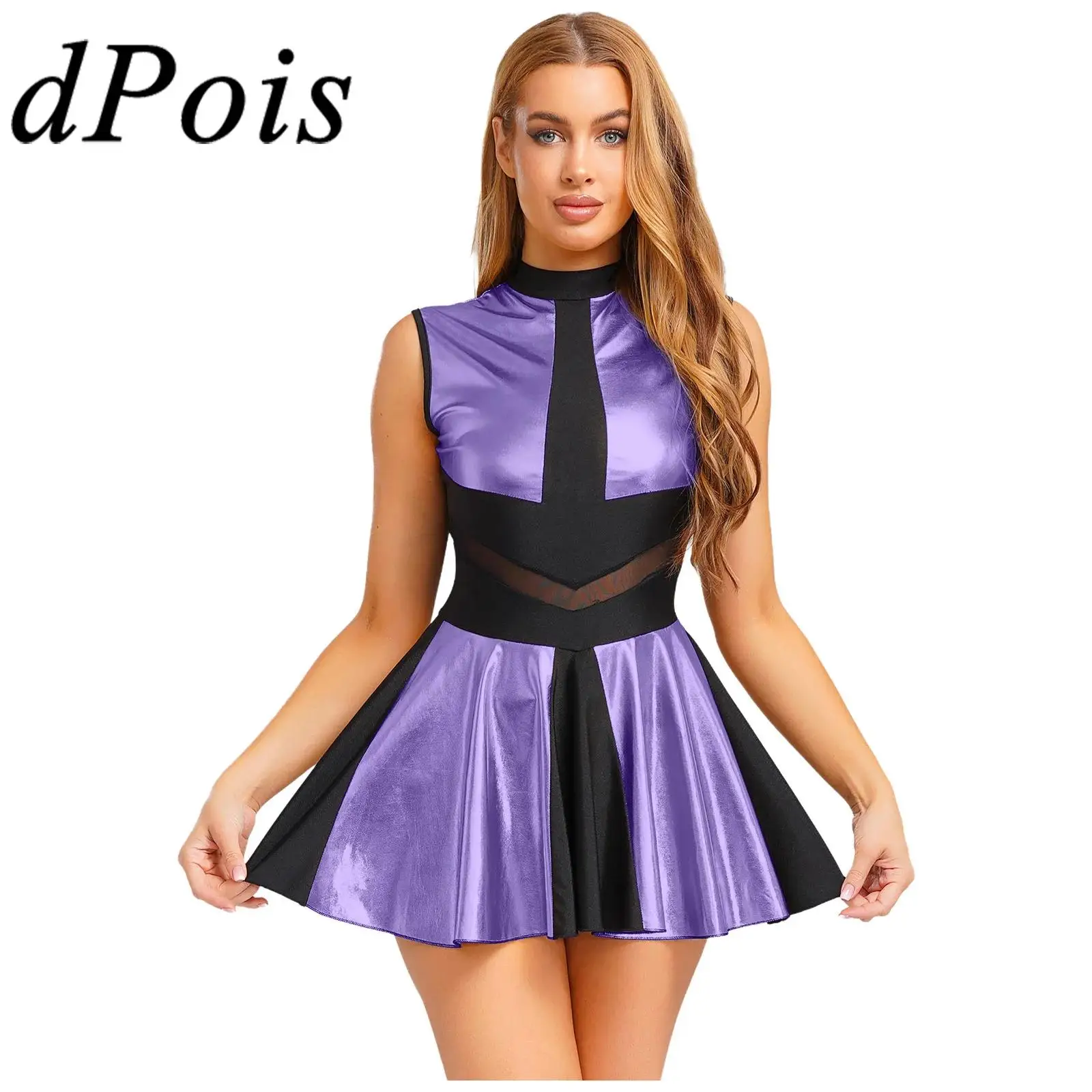 

Womens Metallic Shiny Dress Cosplay Space Alien Costume Hollow Out Role Play Astronaut Dress for Halloween Cheerleading Club