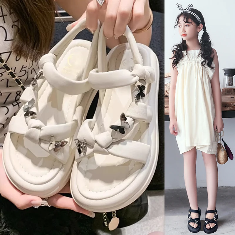 

Girls Butterfly Sandals Princess Sweet Children New Trendy Summer Beach Shoes Kids Soft Sole Beige Black with Metal Butterfly