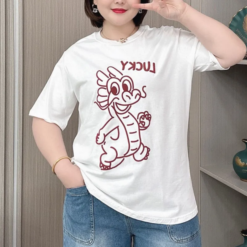 Cotton Short Sleeve T-shirt Women Summer 2024 New Plus Size Loose Casual Lucky Loong Printed Tees