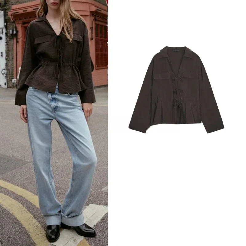 

Autumn New Arrival Women's Casual Long Sve V-Ne irt Knot Design Loose Fit Comfortable Breathable Polyester