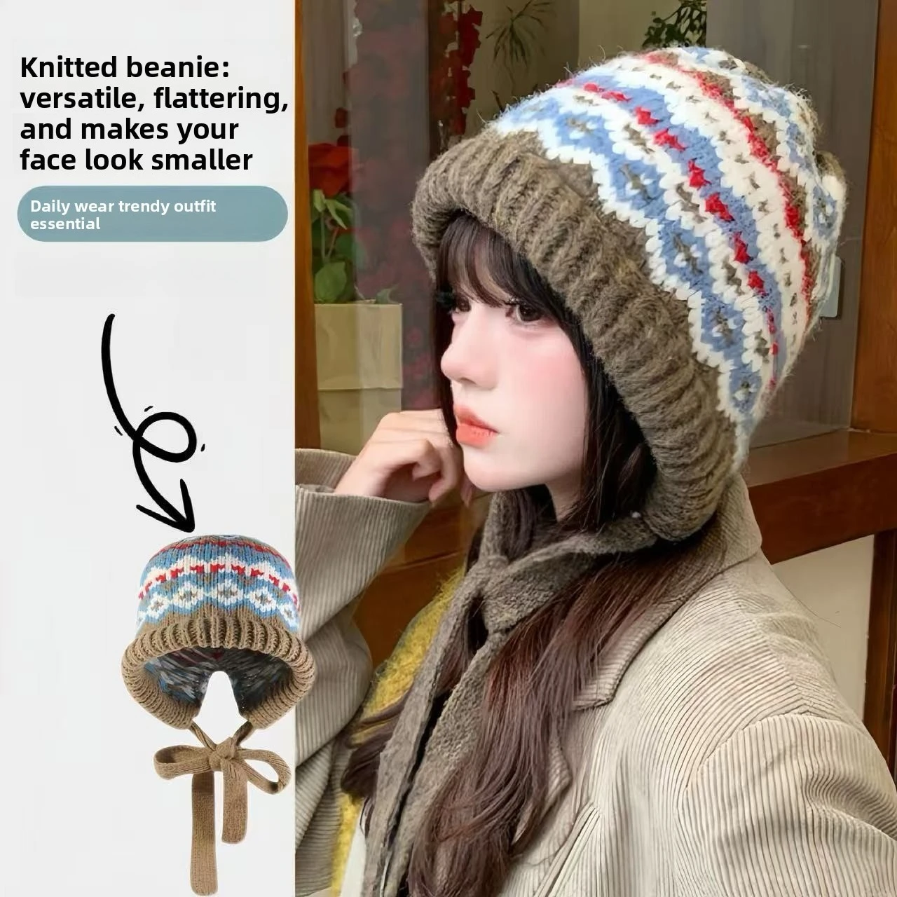 Hearing Protection Knit Hat Protective Fair Isle Style Vintage Dual Use Plush Warm Winter Ear Hat for Women Street Wear