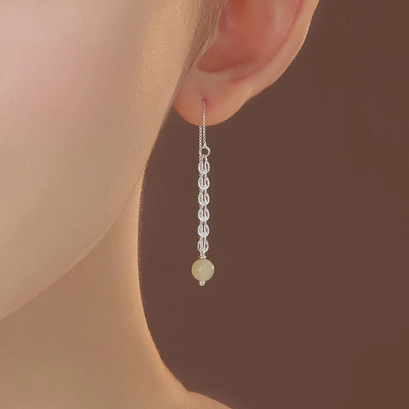 

PANJBJ 925 Sterling Silver Hotan Jade Earring for Women Gift Wheat Ear Tassel Auricular Line Retro Jewelry Dropshipping