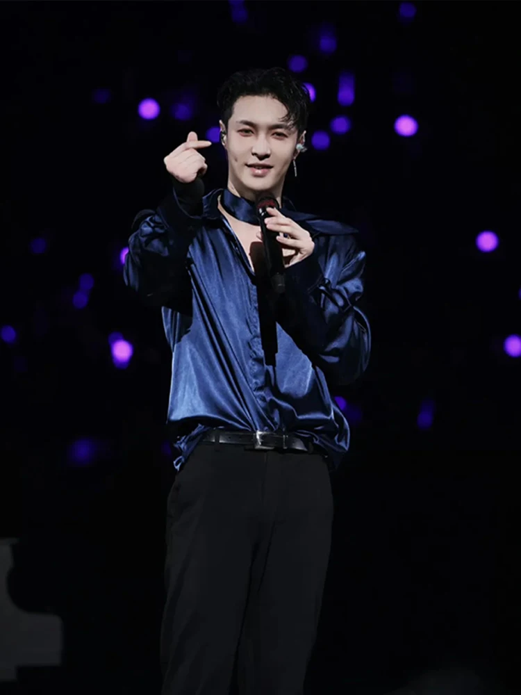 

Zhang Yixing Sexy Shoulder Pad Shirt Men Long Sleeve Satin Sash High Sense Handsome Blue Shirt Jacket Youth Summer Ice Sensation