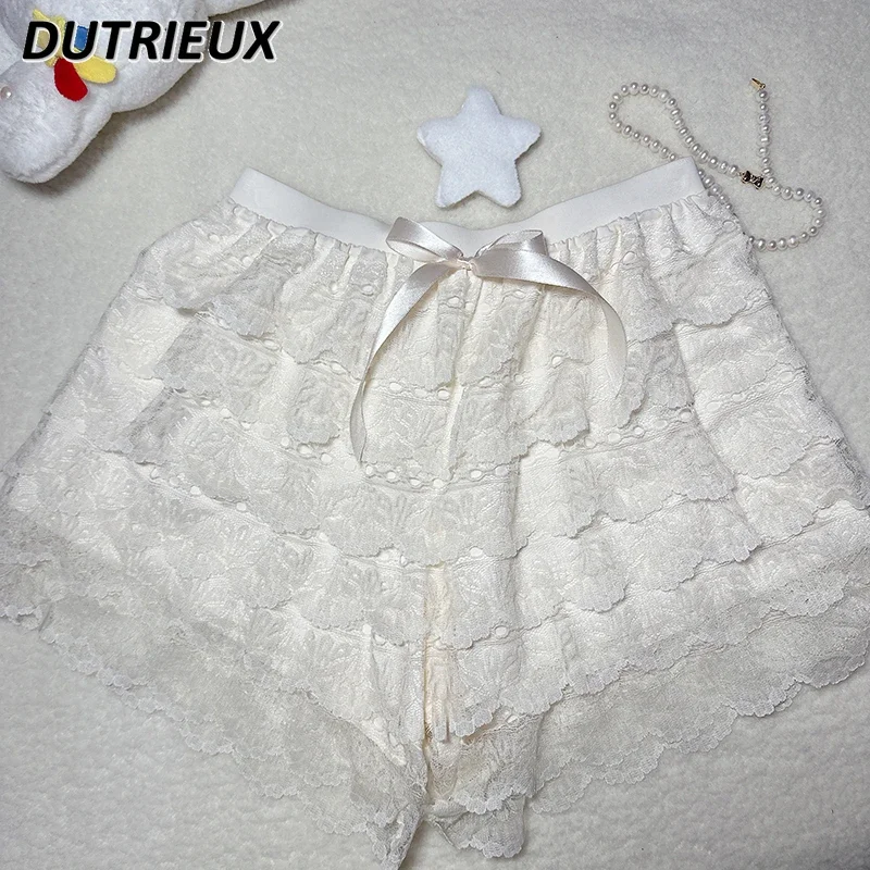 Japanese Style Soft Girl Cute Lolita Base Shorts Sweet All-matching Outer Wear Lace Bow Elastic Waist Short Pants for Women