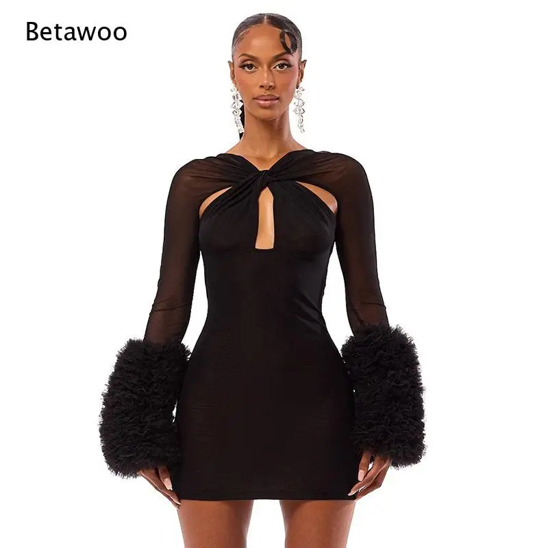 Robe mini deux pièces en maille, moulante, à découpes torsadées, avec manches longues en fourrure moelleuse détachables, tenue de soirée