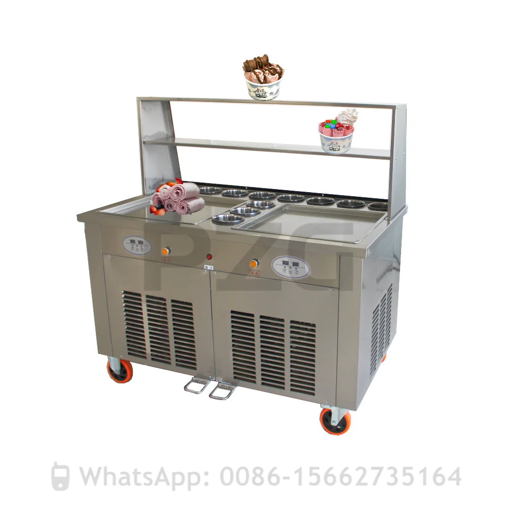 110V 220V Commercial S.S. Fried Ice Cream Roll Machine Double Pans Freezer Ice Pan Machine With 11 Topping Tanks