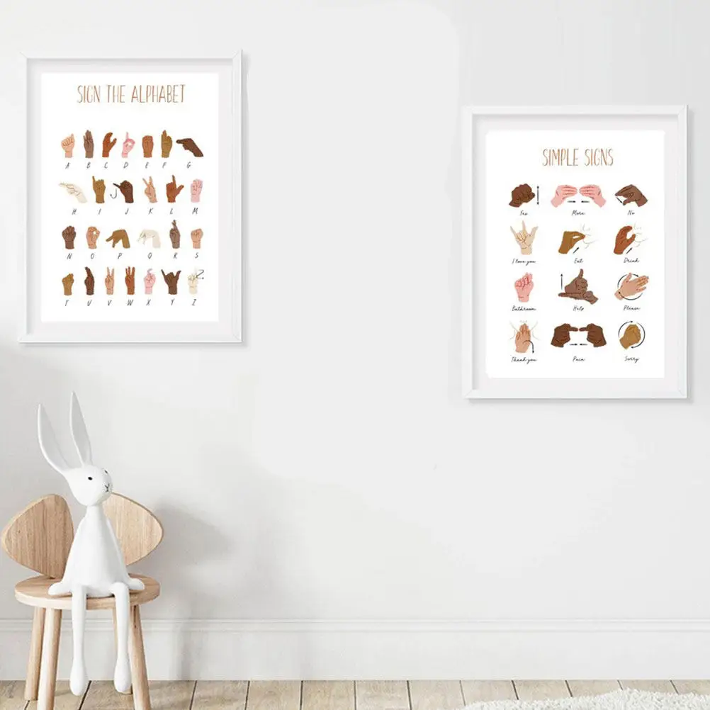 6Pcs Sign Language Education Posters Canvas Classroom Alphabet Numbers Chart Kids Learning Teaching Wall Decor