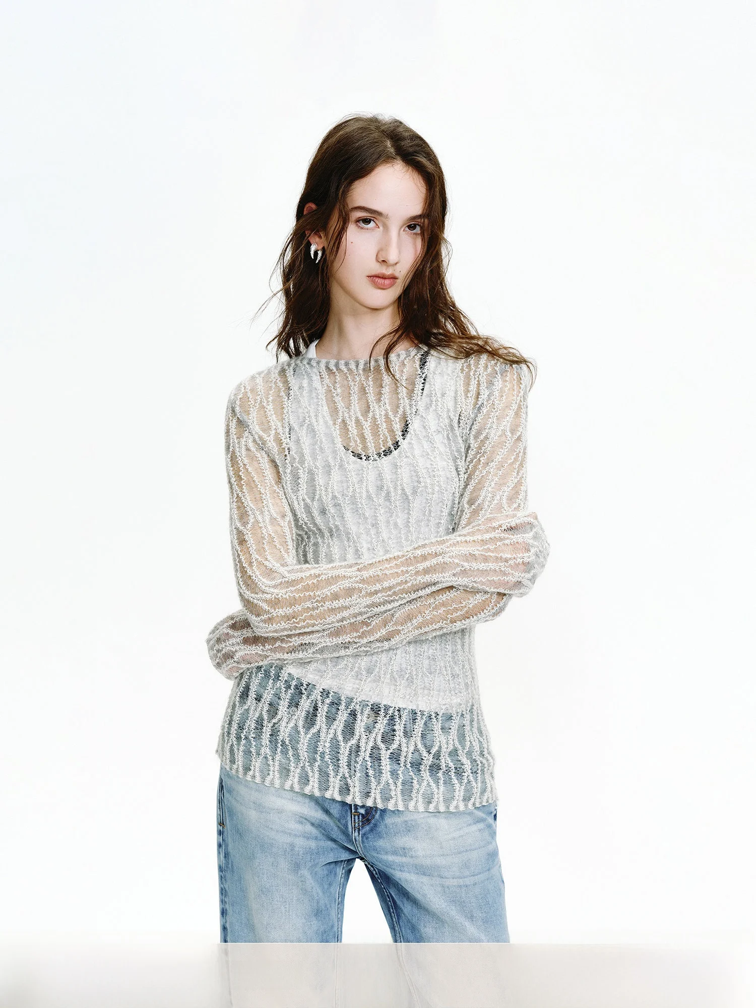 

Fuzhen Knitted Sweater Mixed Sea Wool Hollow out See through Embroidery Geometric Texture One Shoulder Women's Top