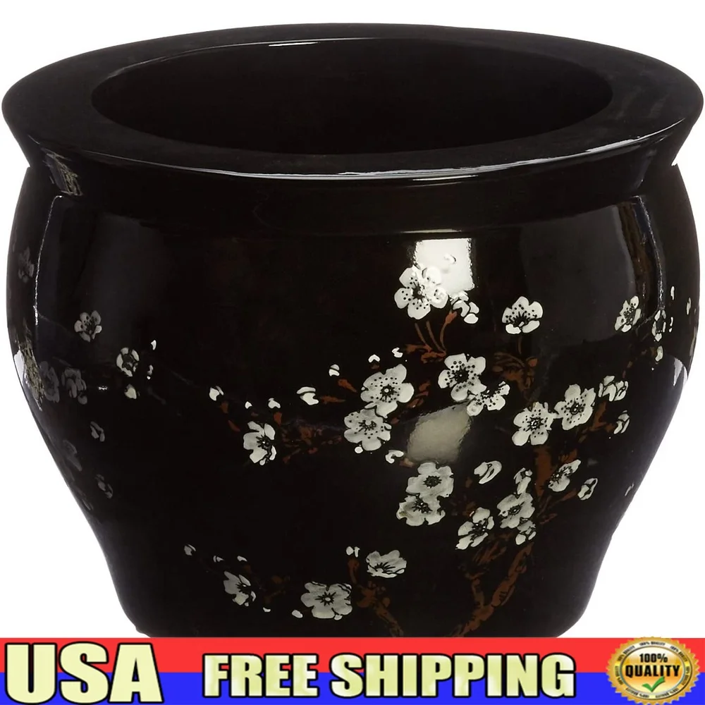 

14 Inch Porcelain Fish Bowl Decorative Planter Display Vase Asian Accent Home Decor High Gloss Finish Plum Blossom Design