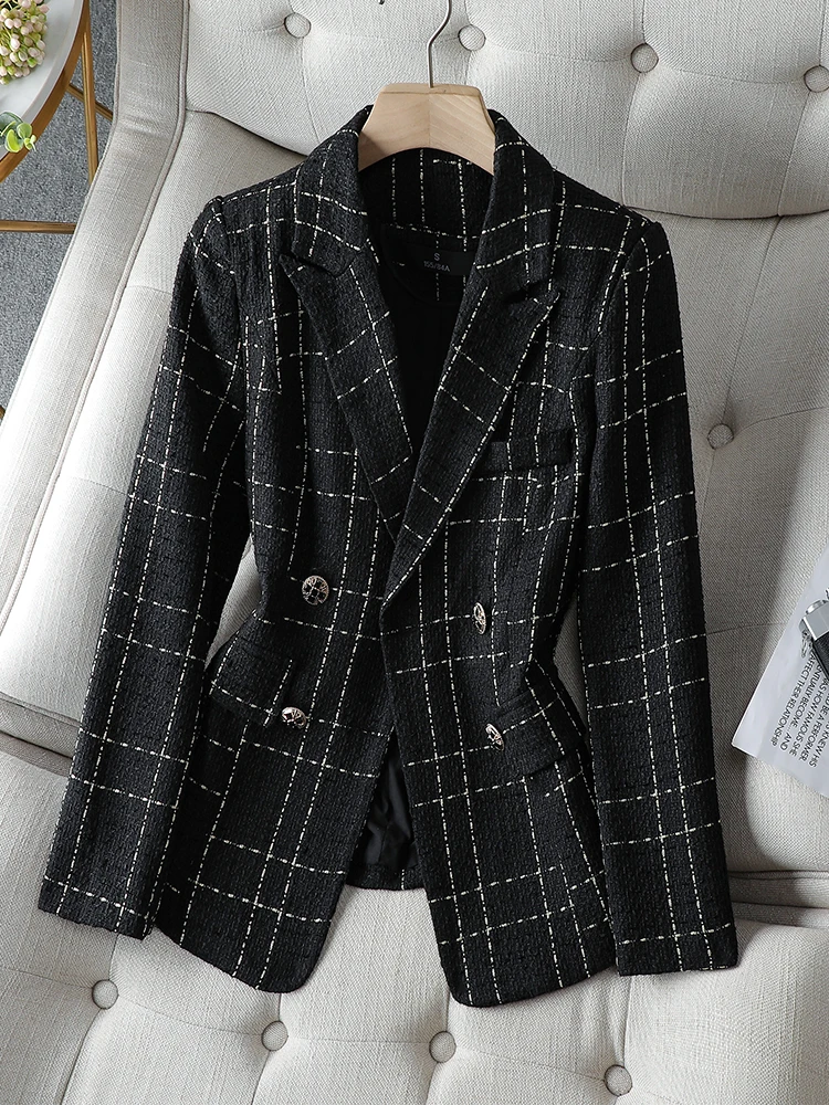 

Black White Plaid Ladies Casual Blazer Women Autumn Winter Long Sleeve Double Breasted Coat Jacket