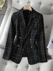 Black White Plaid Ladies Casual Blazer Women Autumn Winter Long Sleeve Double Breasted Coat Jacket