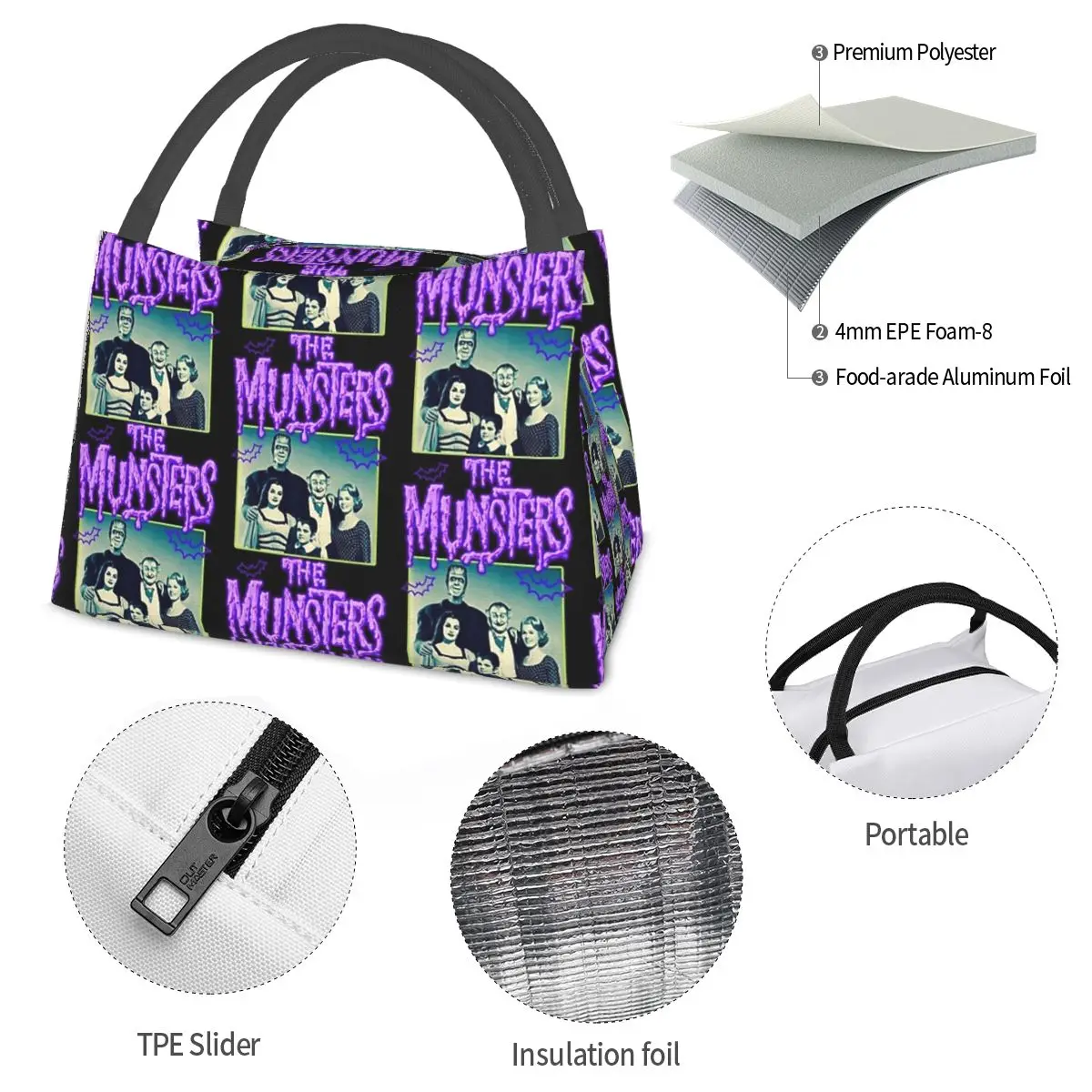 The Munsters Lunch Bags Insulated Bento Box Portable Lunch Tote Resuable Picnic Bags Cooler Thermal Bag for Woman Student Travel