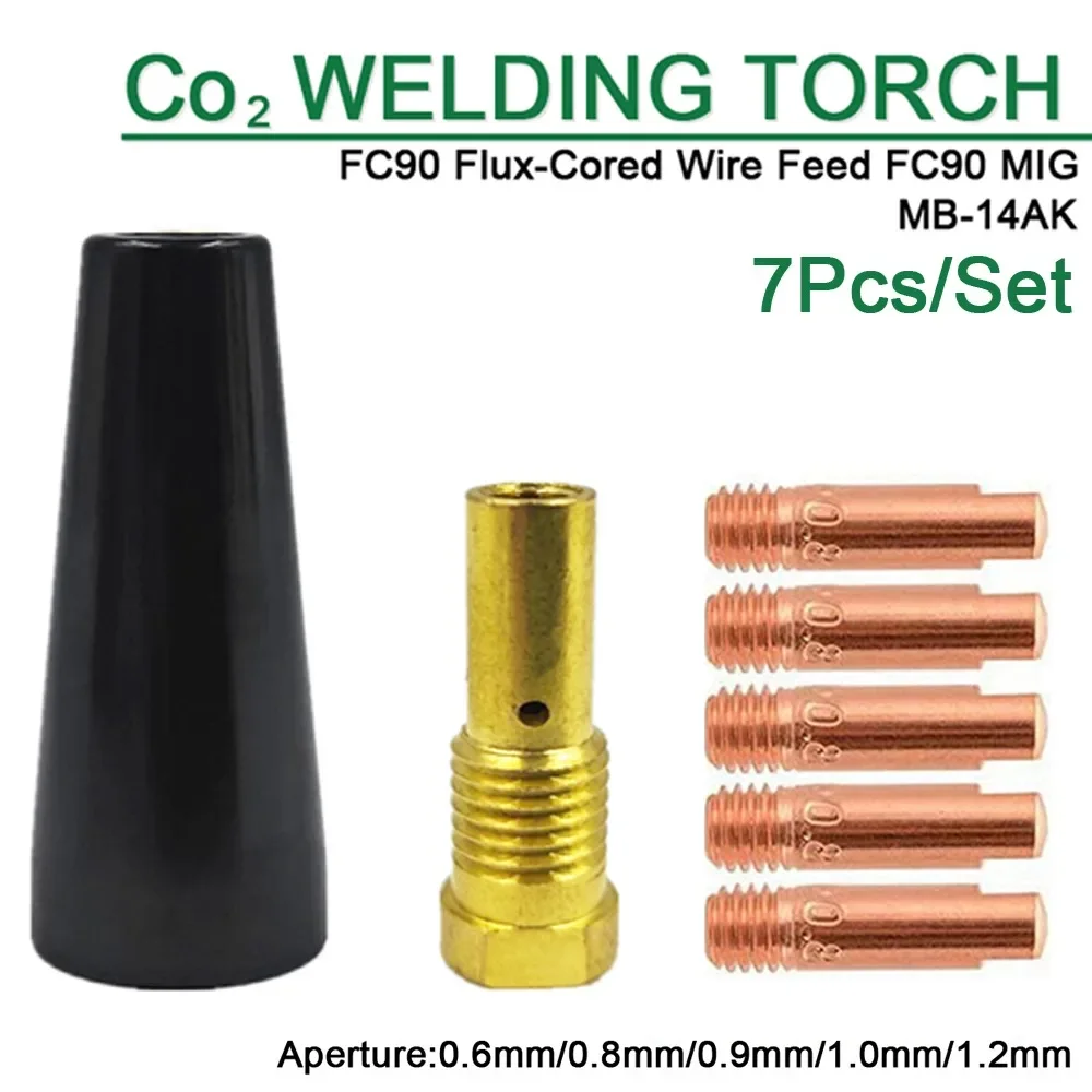 

7Pc MB-14AK Gasless Nozzle 0.6/0.8/0.9/1.0/1.2mm Tips M6 Tip Holder For FC90 Flux-Cored Wire Feed FC90 MIG Welder Welding Tools