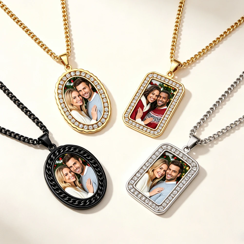 Lemegeton Customized Photo necklace Custom Round Oval Square Zircon Chain Pendant Stainless Steel Jewelry Personalized DIY Gifts
