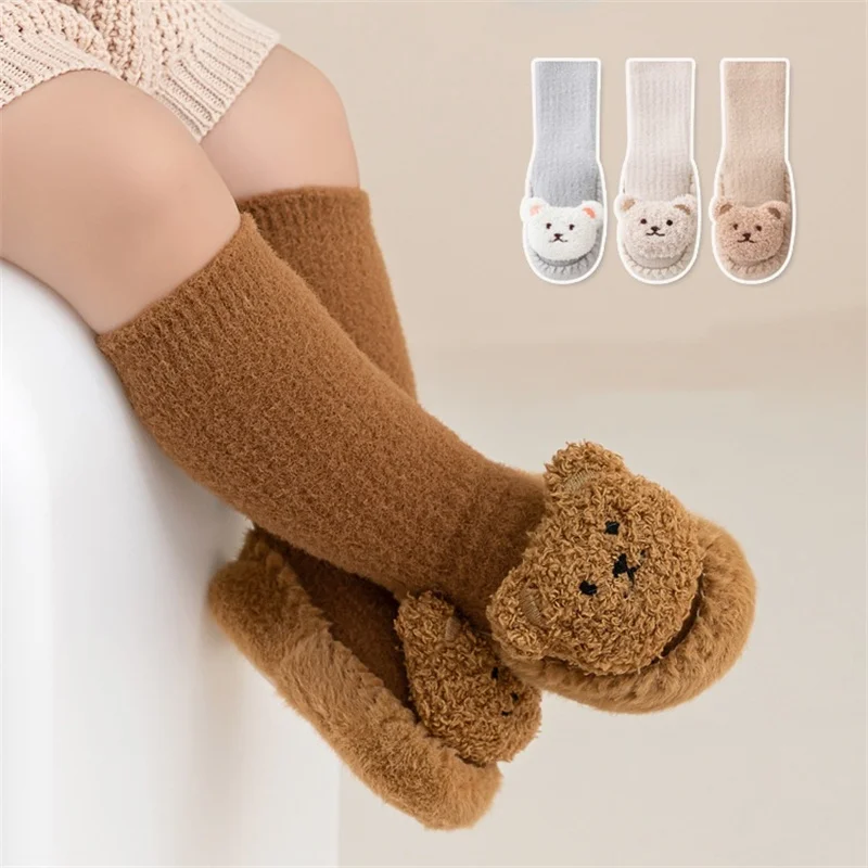 Autumn Winter Newborn Baby Walking Socks Shoe Infant Leather Sole Socks Mink Velvet Thicken Warm Cartoon Bear Kids Floor Socken