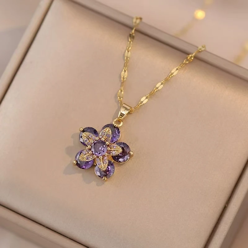 Light Luxury Spin Zircon Flower Pendant Necklace for Women Gold Color Quality High Sense Chain Necklaces Party Jewelry Gifts
