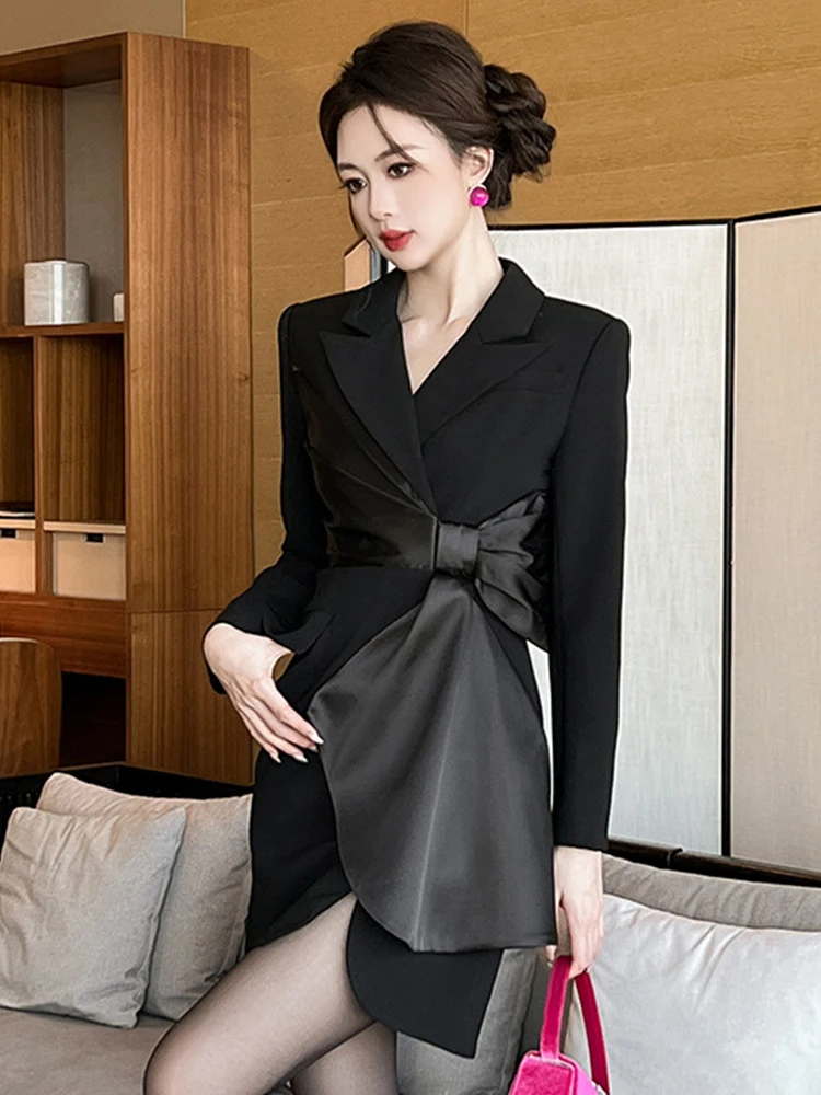 Women's Elegant Professional Formal Dress Celebrity Black Big Bow Hollow Cut Out Slit Short Gown Party Business Vestidos Mujer