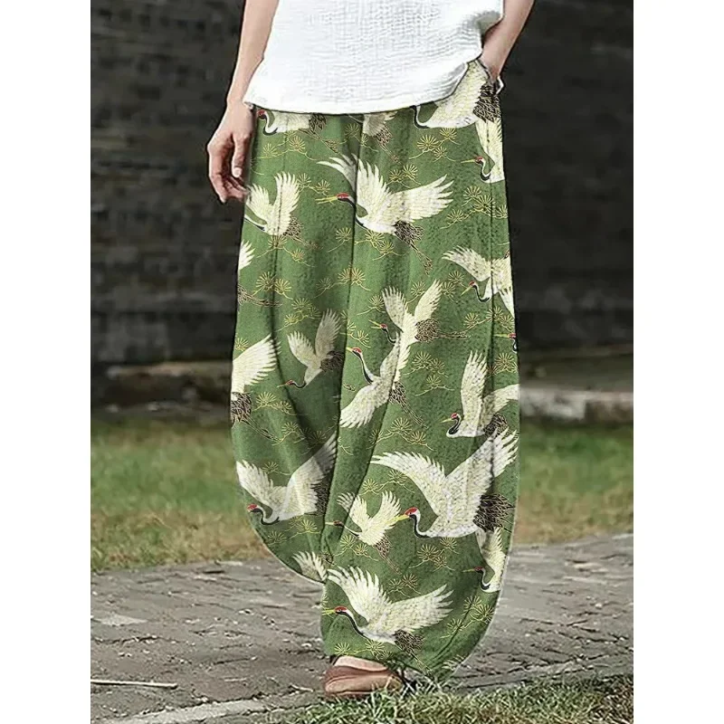 Cranes Pine Trees Japanese Pattern Linen Blend Wide Leg Pants Harajuku Women's Trousers Loose Pocket Casual Pants Streetwear