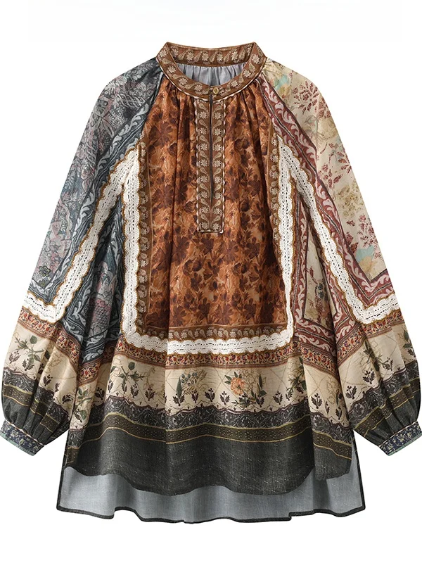 

MAMA2025 Summer New Retro Sli Ethnic Print Loose A-Line Pleated Casual irt Women Top Comfortable Long Sve round Ne