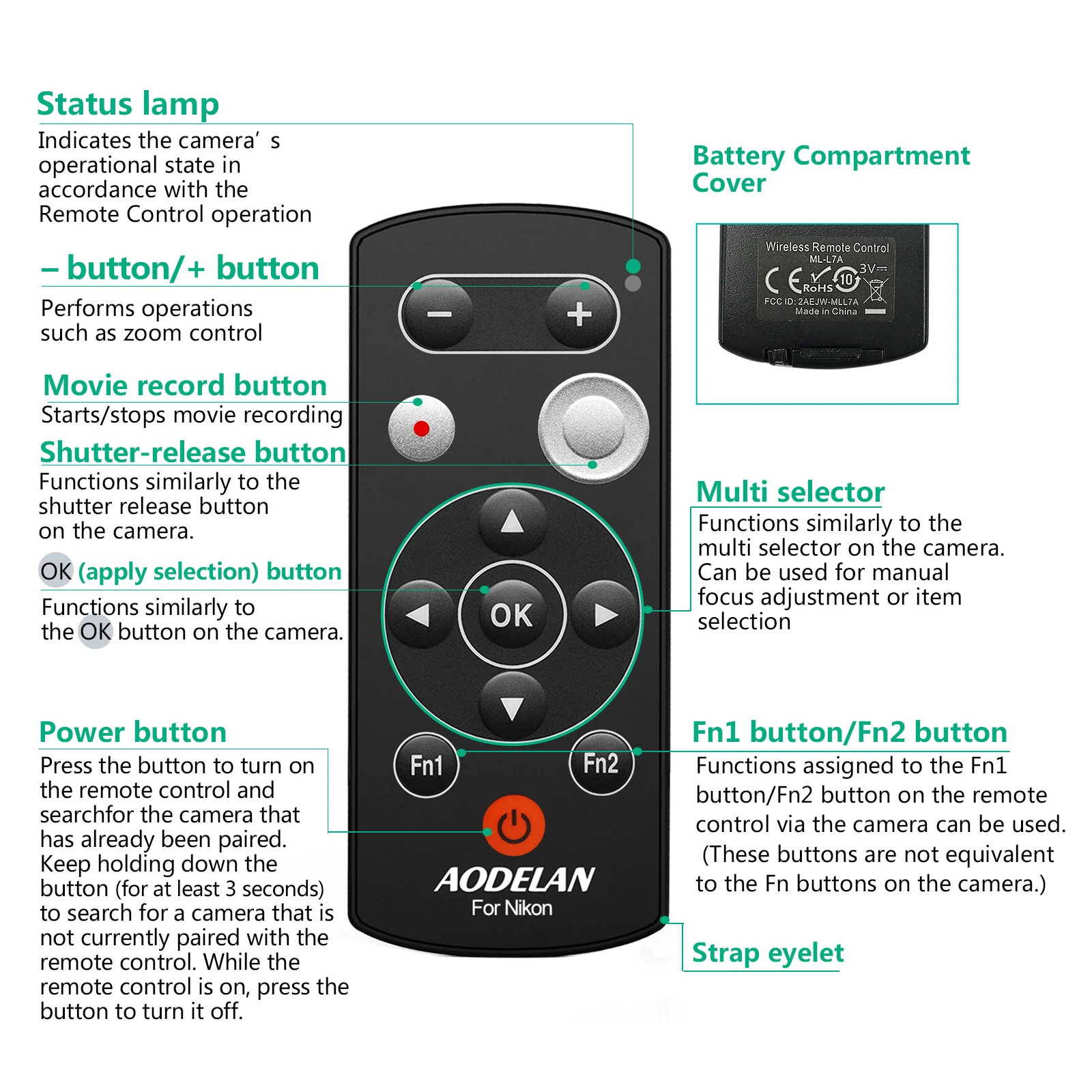 AODELAN ML-L7A Wireless Shutter Release for Nikon Z30, Z6 II, Z7 II, Z fc, P1000, P950, Z50, B600, A1000 Replace Nikon ML-L7