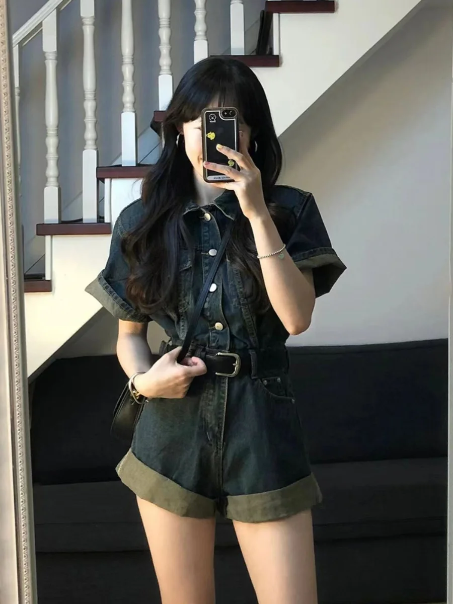 American Style Denim Jumpsuit For Women 2024 Summer Niche Design Slim Waist Wide Leg Casual Shorts