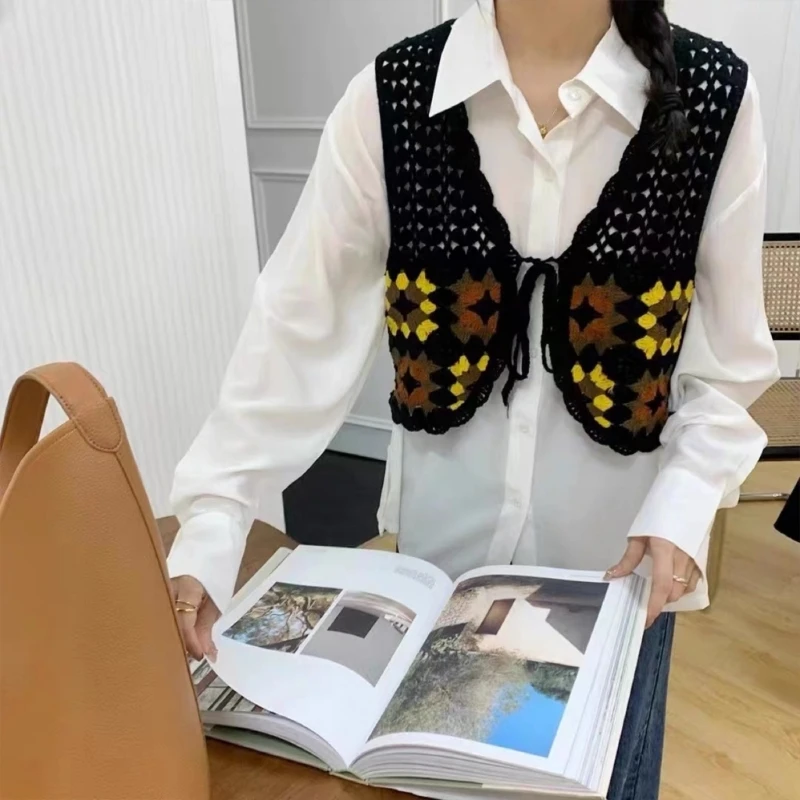 Crochet Mini Vest Waistcoat Women Hollow Knit Plaid Lace-Up Sleeveless Cardigan