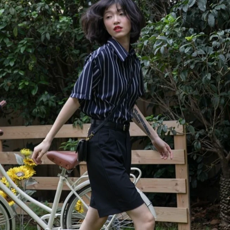 Shirts Women Striped Retro Simple All-match Summer Office Ladies Korean Style Stylish Tender Basic Short-sleeve Loose Leisure