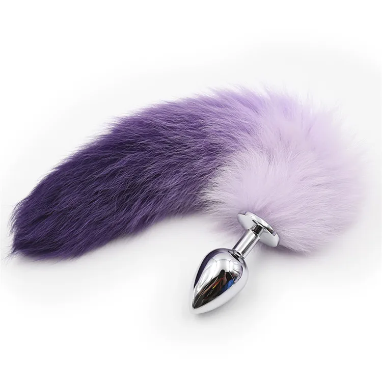 spot color gradient artificial hair anal plug tail purple pink sex toys metal couple fox tail.