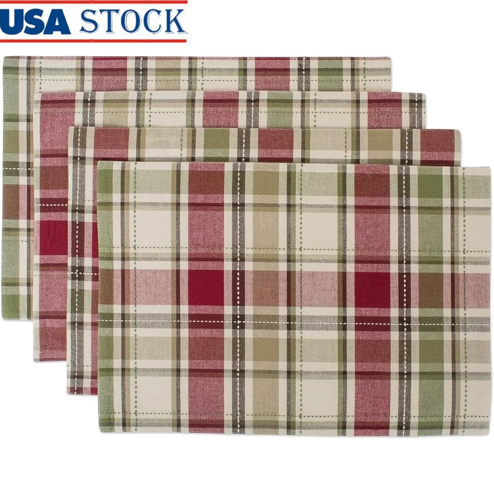 

Reusable Cotton Fabric Placemat Set of Four 13x19 Inch Rustic Homespun Plaid Fall Thanksgiving Dining Table Decor