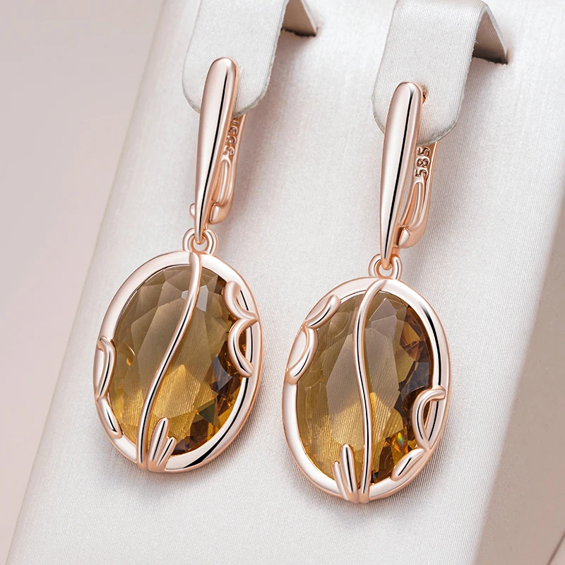 Kinel Hot Shiny Brown Big Oval Natural Zircon Drop Earrings for Women Unique 585 Rose Gold Color High Quality Daily Fine Jewelry