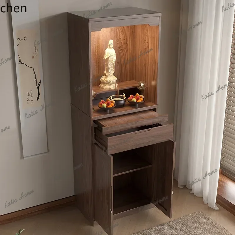 New Chinese Style Solid Wood Standing Cabinet Black Walnut Guanyin Buddha Statue Altar Home Shrine Altar Cabinet