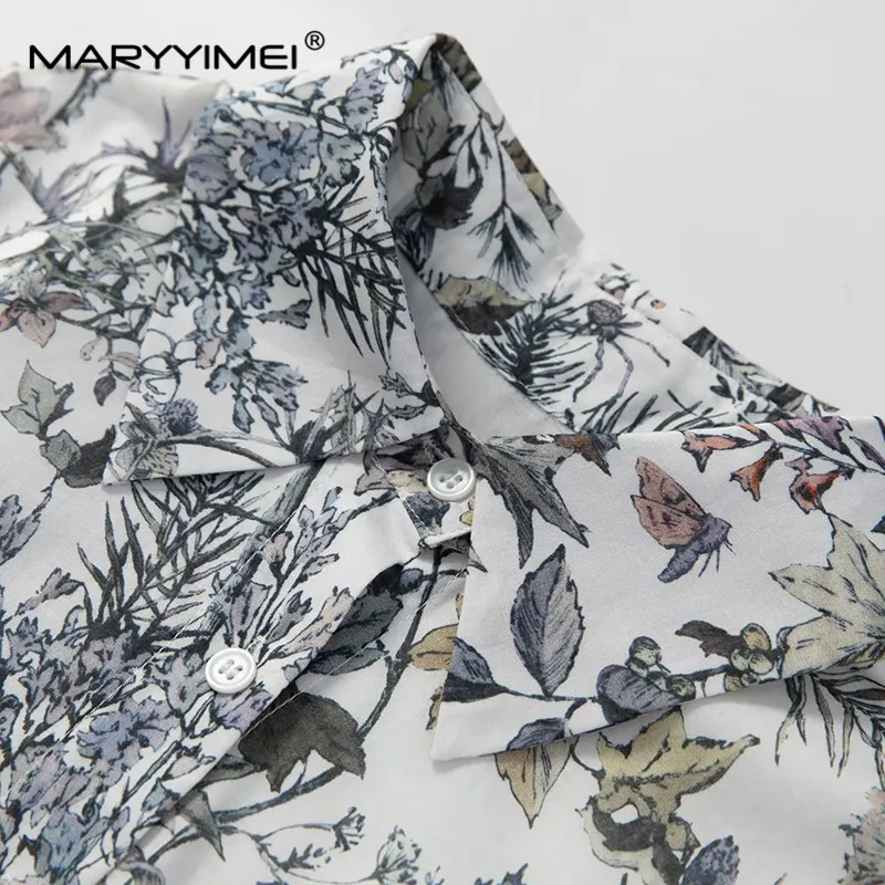 MARYYIMEI Spring Summer Women\'s Dress Cotton Turn-Down Collar Short-Sleeved Single-Breasted Print Lace-UP Holiday Dresses