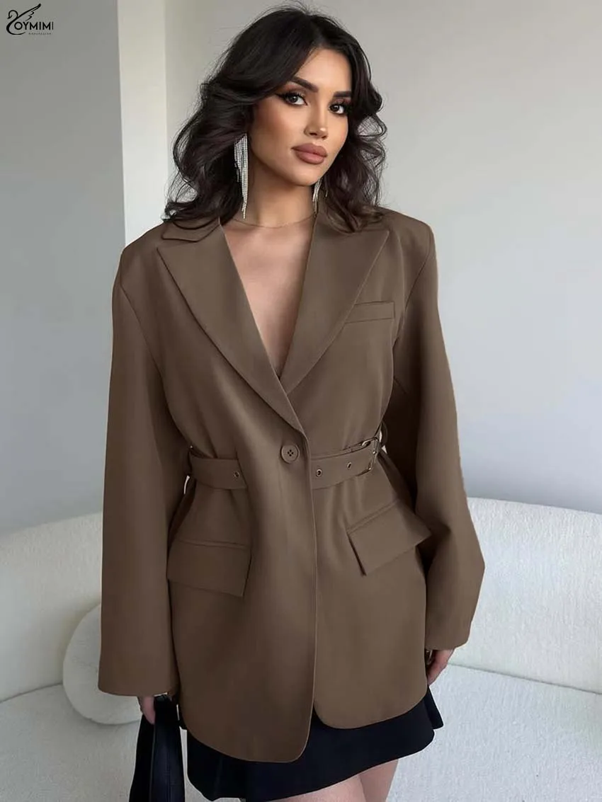 Oymimi Elegant Brown Lapel Woman Blouses Fashion Long Sleeve Single Button Pockets Blouses Autumn New Solid Sashes Shirts Female