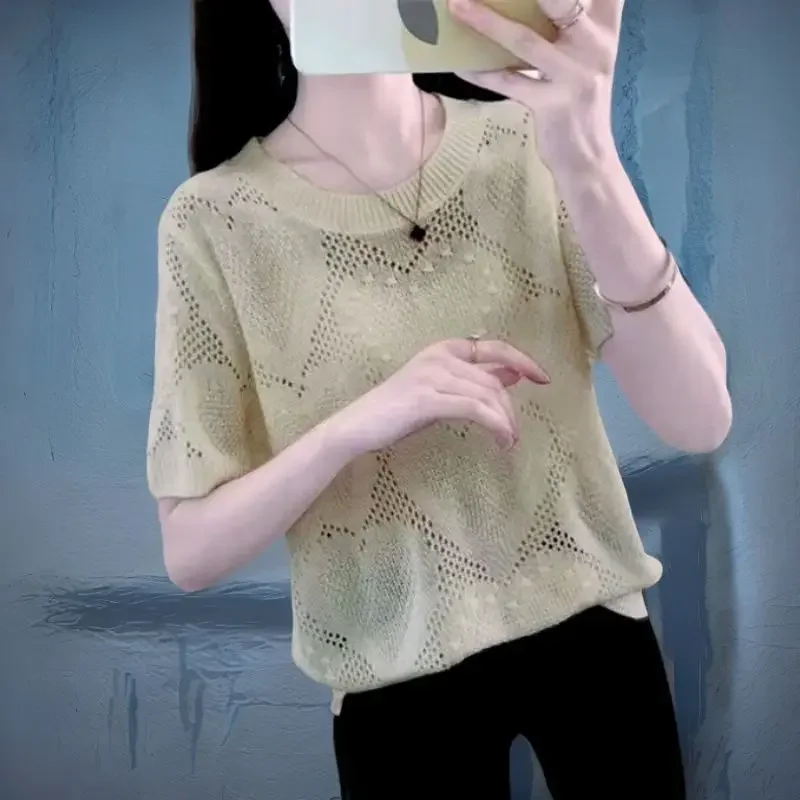 

2025 Summer New Loose All-match Tops Commuter Tee Shirt Fashion O-Neck Solid Color Knitted Hollow Out T-Shirts Women's Clothing
