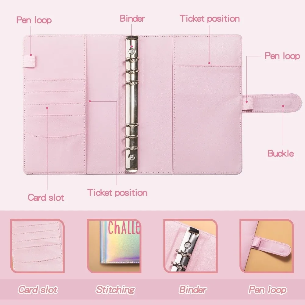 PU Leather Saving Money Binder Dazzling Colors Loose-Leaf Binder 100Envelopes Challenge Notebook Budget Planner Durable