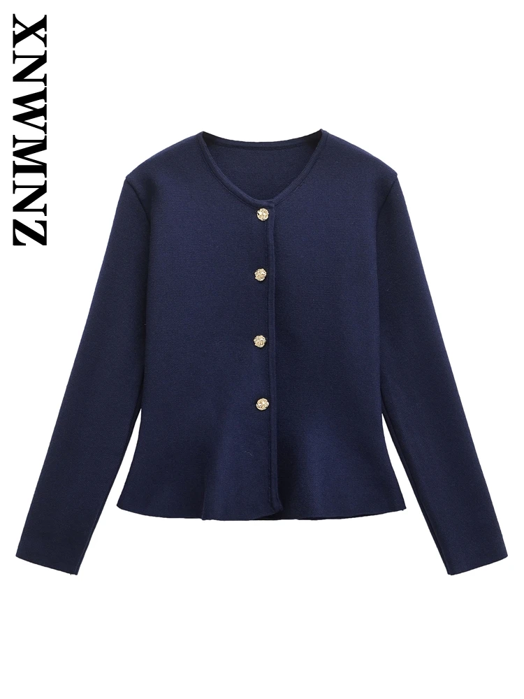 XNWMNZ 2024 Autumn New Lady Vintage V-Collar Knit Sweater Top Trendy Woman Solid Color Long Sleeve Coat Regular Fit Outerwear