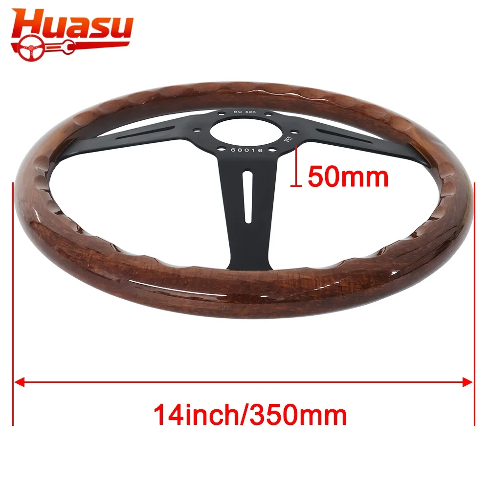 Huasu Classic Wood Grain Look 14inch 350mm Concave ABS Grip Racing Steering Wheel Black Silver Aluminum Spokes