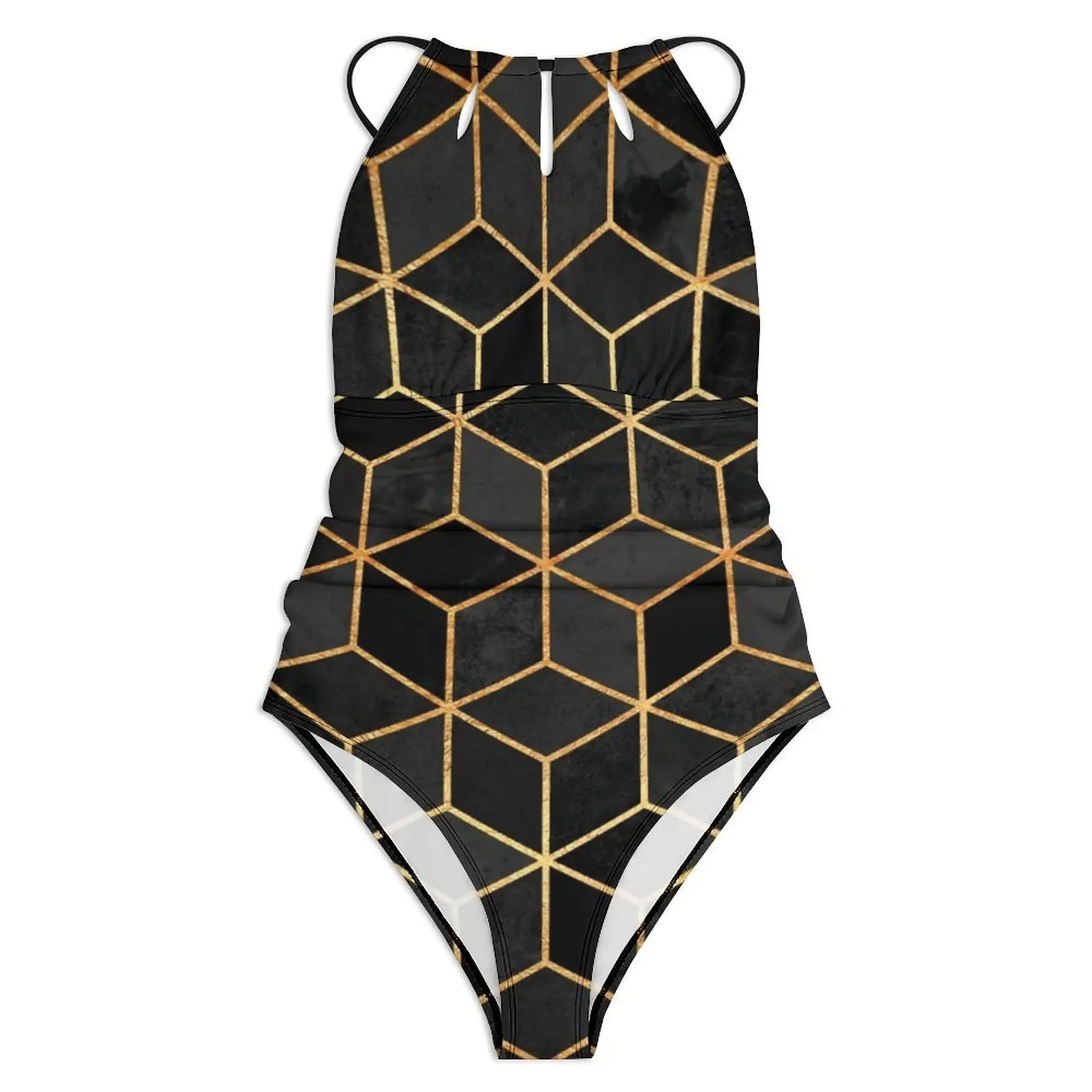Gold Geo Print Swimsuit Black Cubes Push Up Swimwear One Piece Beach Bathing Suits Bodysuit Sexy Graphic Beach Wear Plus Size