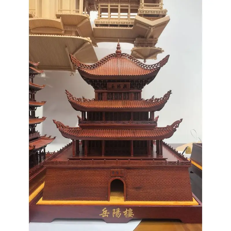 

Wood carving ancient architectural model Yueyang building mahogany ornament living room office decoration gift