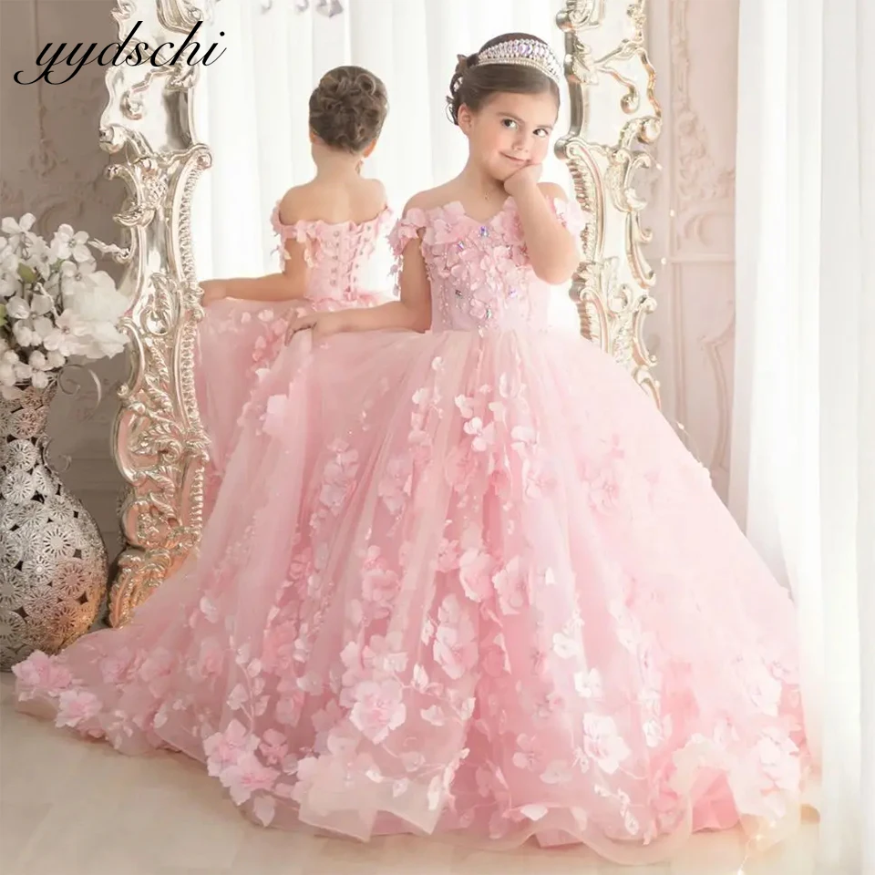 

Luxury Pink 3D Floral Appliques Ball Gown Flower Girl Dress 2024 Off Shoulder Princess Birthday Party Kids First Communion Gowns